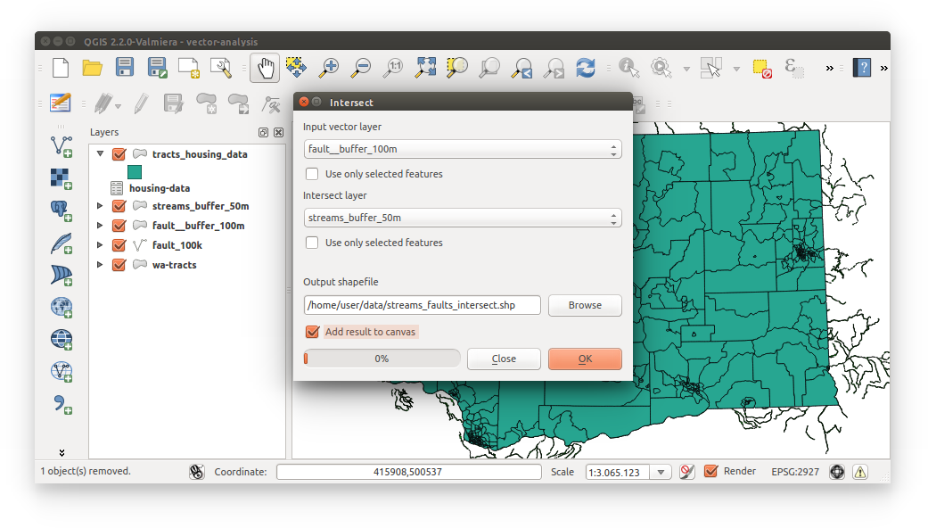 Spatial Data Carpentry: Vector Analysis - intersect buffered streams and faults