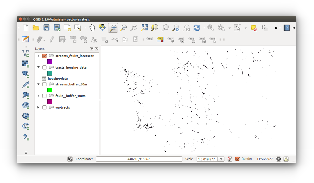 Spatial Data Carpentry: Vector Analysis - intersect buffered streams and faults