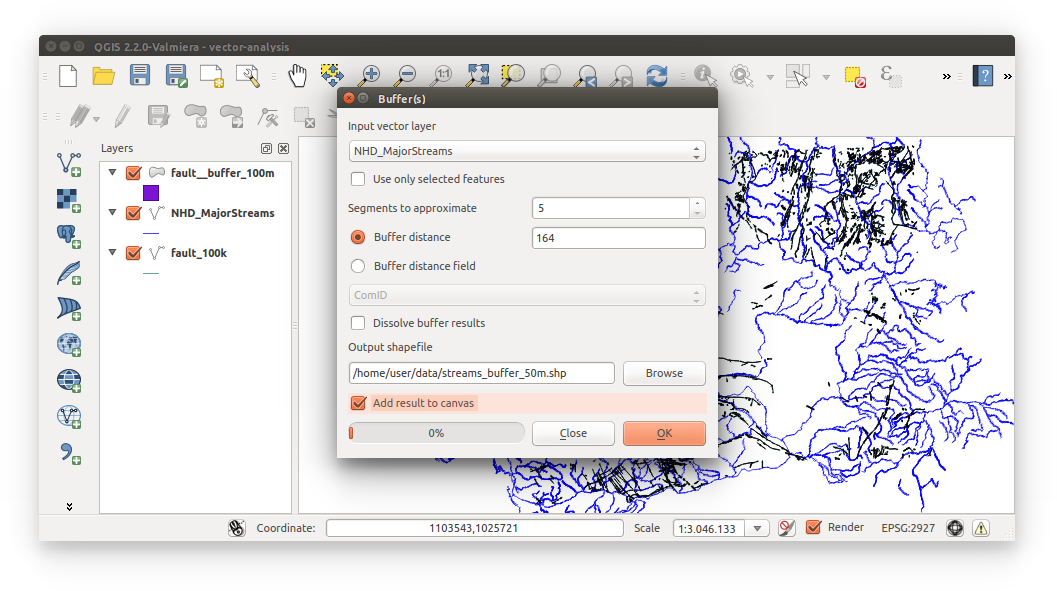 Spatial Data Carpentry: Vector Analysis - buffer streams